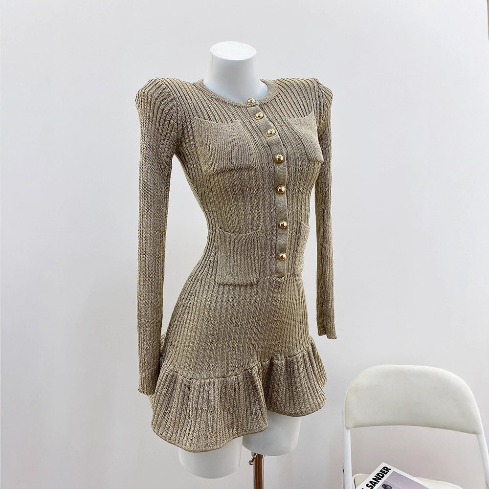 Golden Lurex Knit Chanel-Style Mini Dress for Women