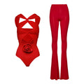 Sexy Hollow Out One-Piece Swimsuit Women Red Rose Set