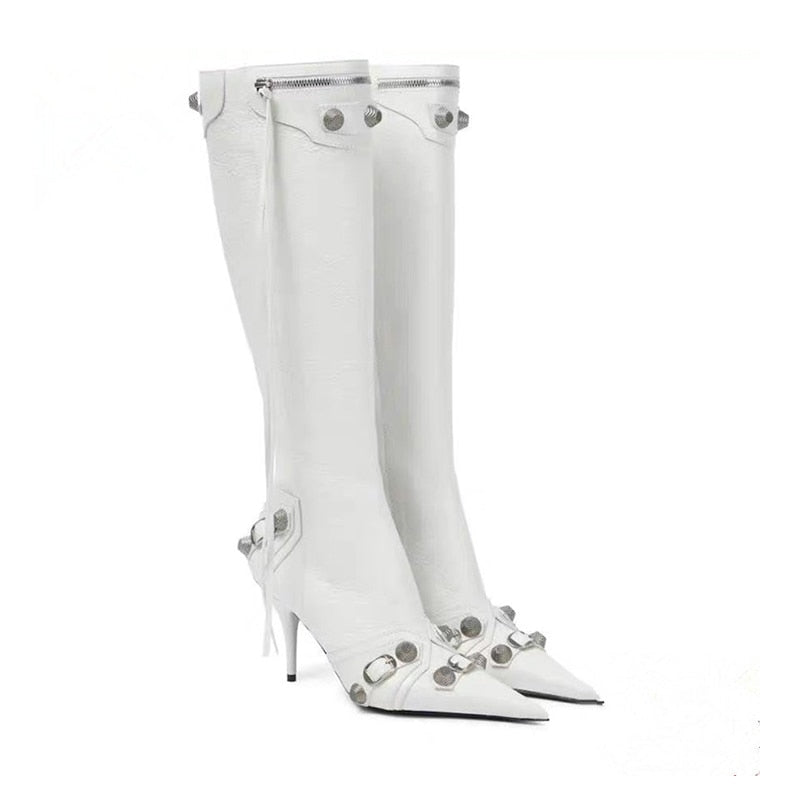 Women's Sexy High Heels Metal Buckle Luxury Shoes Fashion Pointed Toe Ankle Boots Black Stiletto Dress Party Short Boots