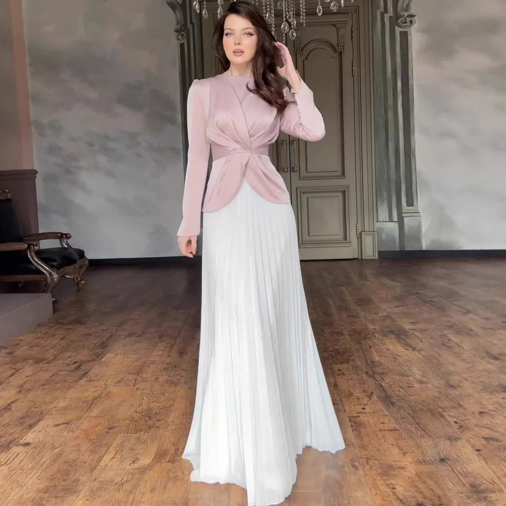 Elegant Color-Blocked Suit Dress for Women, Long Sleeve, Autumn Fashion, Pleated Design