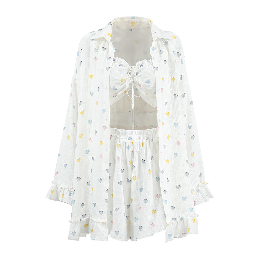 Cotton Sleepwear Set with Floral Print, Ruffled Trim, Long Sleeve Top Short Pants, Three-Piece Sweet Women's Loungewear