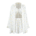 Cotton Sleepwear Set with Floral Print, Ruffled Trim, Long Sleeve Top Short Pants, Three-Piece Sweet Women's Loungewear