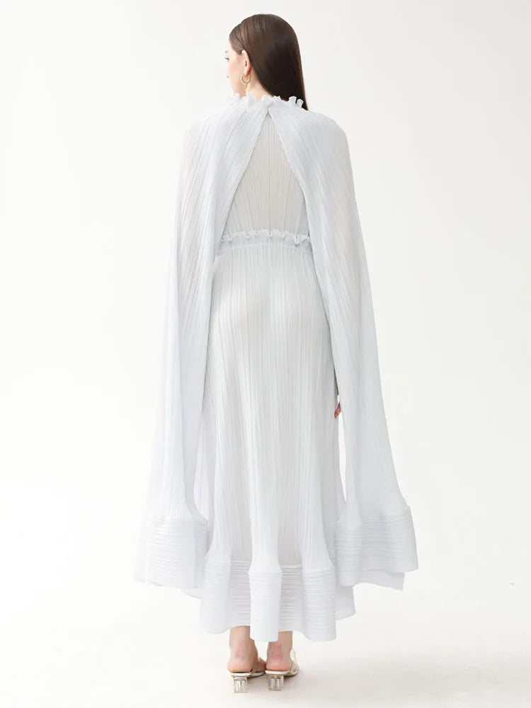 Miyake Pleated Cloak Sleeves High Waist Dress Women  Autumn New Original Designer Sweetheart Neck Ruffles Irregular Clothes