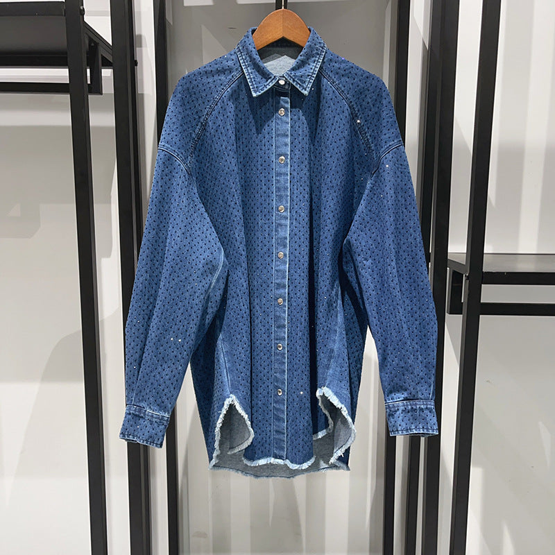 Early autumn trendy luxury denim with diamond fringed silhouette, off shoulder shirt, straight leg pants set