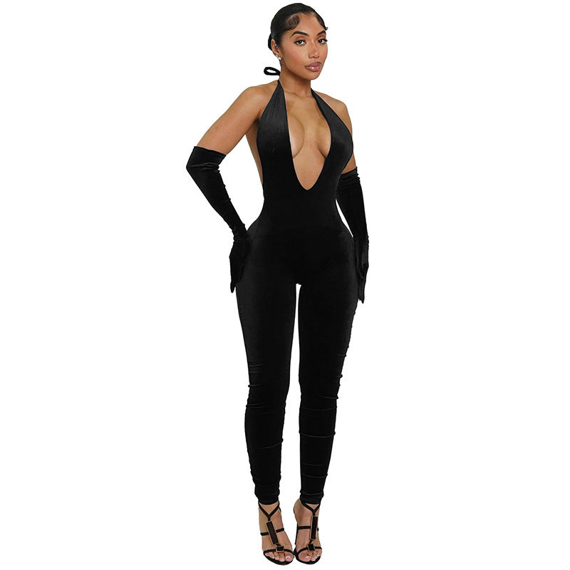 Sexy Solid Color Elegant Halter Neck Fitted Deep V-Neck Backless Jumpsuit for Women