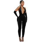 Sexy Solid Color Elegant Halter Neck Fitted Deep V-Neck Backless Jumpsuit for Women