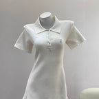 Elegant French Turn-Down Collar Polo Knitted Pleated Dress for Tennis and Golf White Casual Style