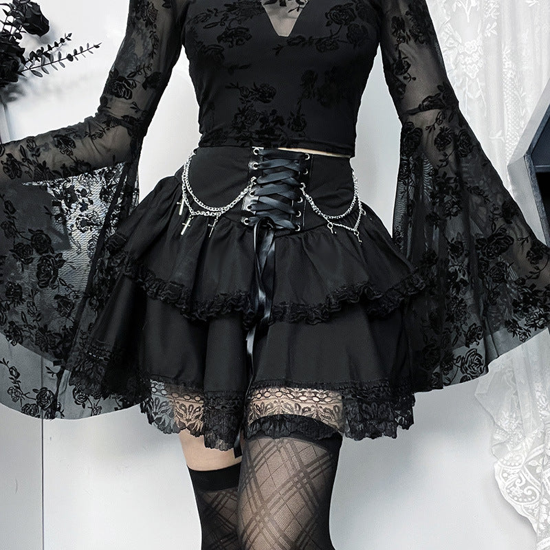 Gothic Layered Skirt with Chain Cross Design for Women, Fitted and Trendy Halloween Party Style