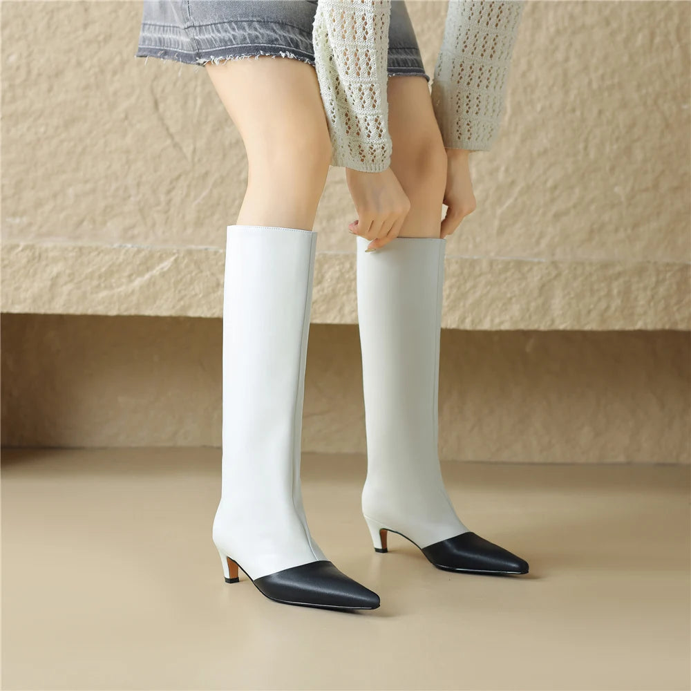 Women Knee-High Boots Pointed Toe Genuine Leather Shoes Woman Office Lady Mature Autumn Winter New