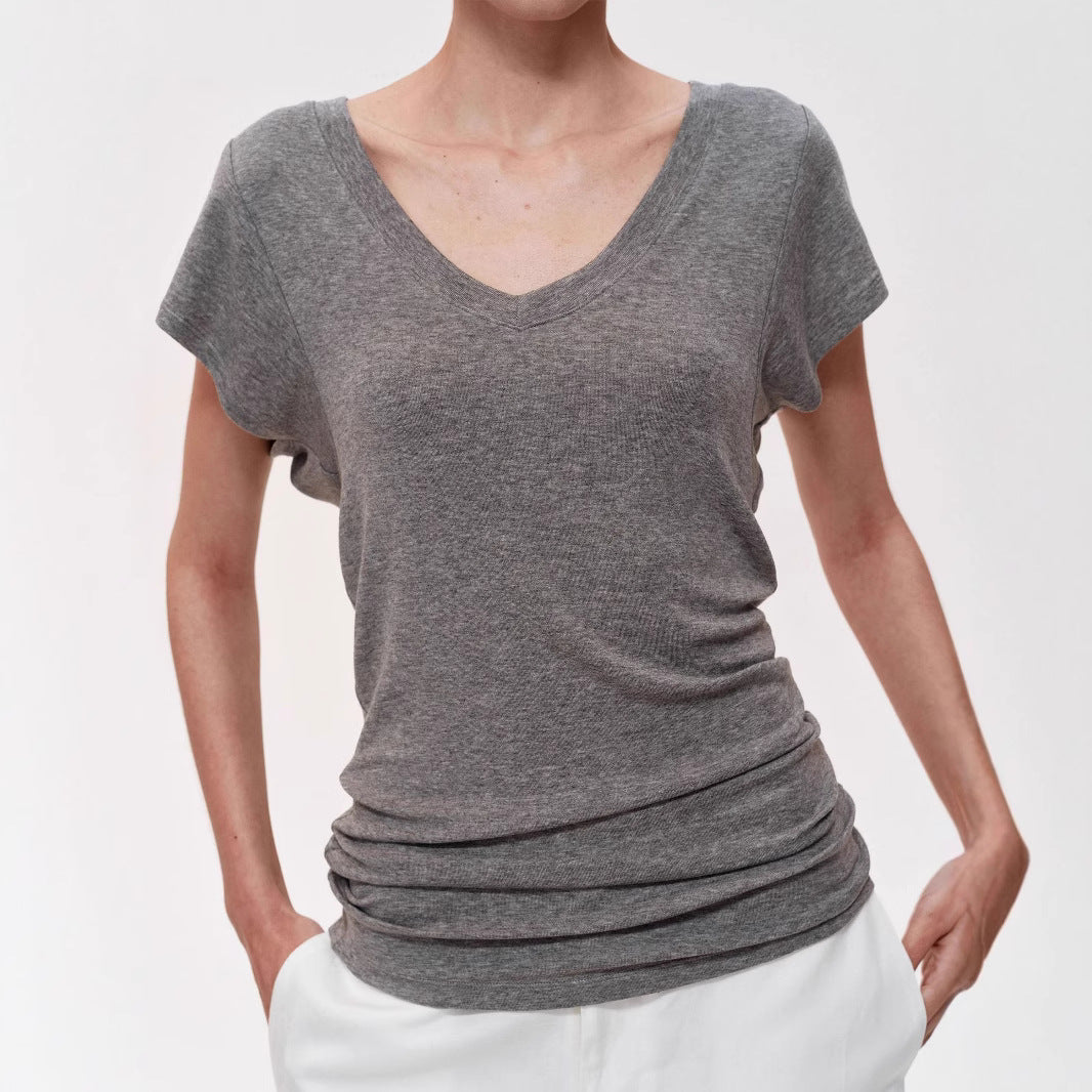 Simple Layered Design Deep V-Neck Short Sleeve T-Shirt Slim Fit Collarbone Revealing Top