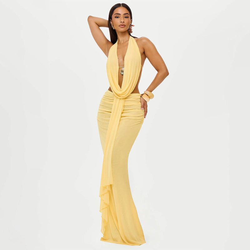 Windy collar pleated hanging neck backless top sexy hip hugging skirt set