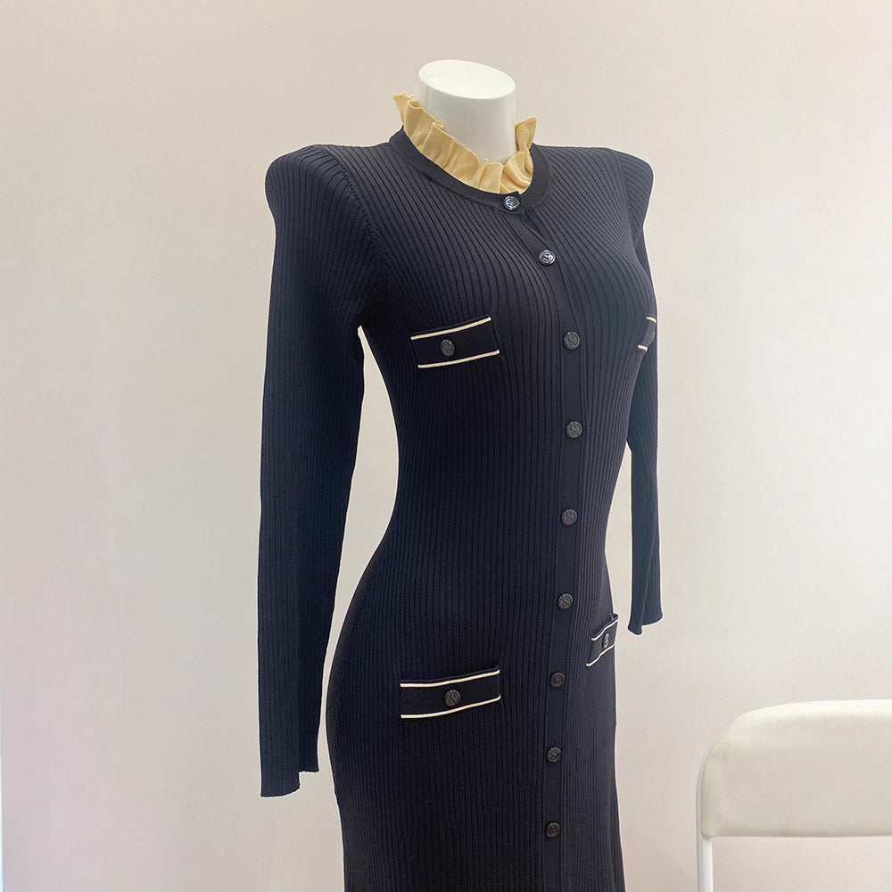 Chiffon Trimmed Collar Black Knitted Fitted Dress for Women