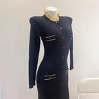 Chiffon Trimmed Collar Black Knitted Fitted Dress for Women