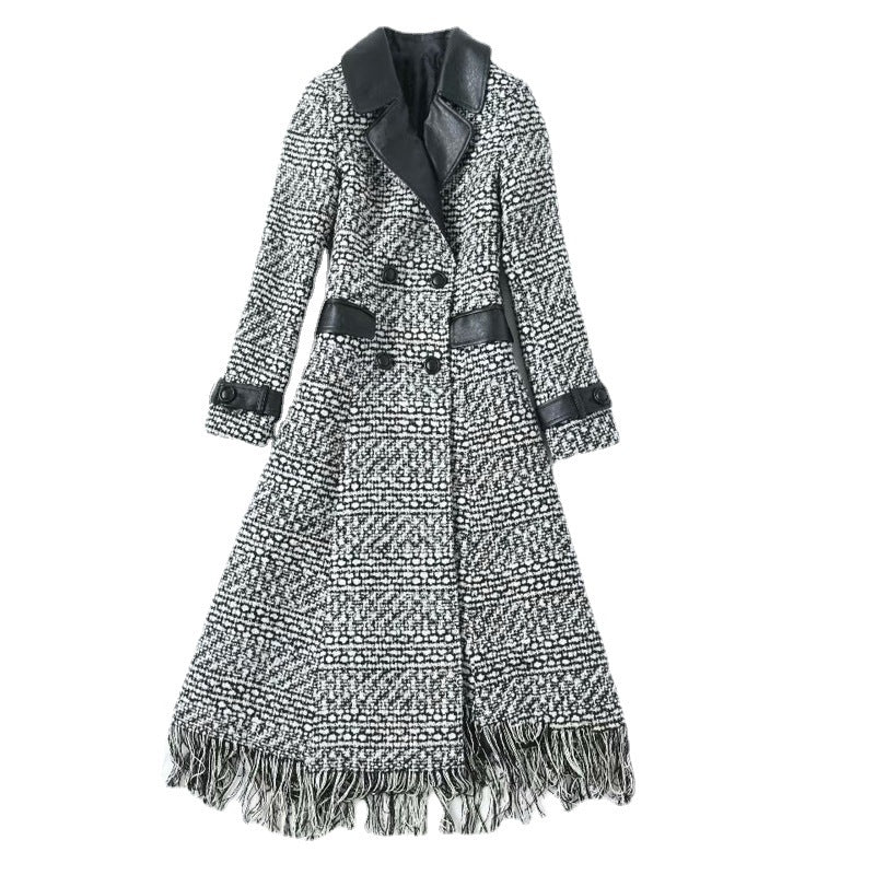 PU Leather Lapel Long Sleeve Double Breasted Waist Irregular Plaid Coat Jacket Women's New Early Autumn