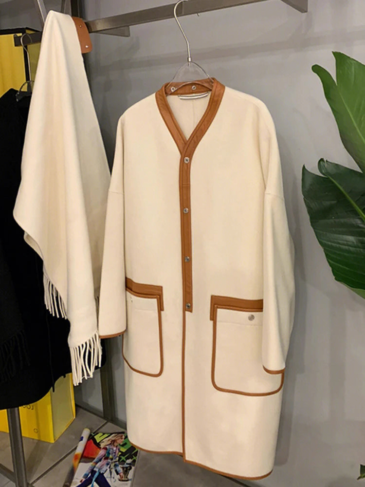 High End Double-sided Cashmere Woolen Overcoat For Women Korean Style Mid Length Loose Casual Contrast Coat Clothes