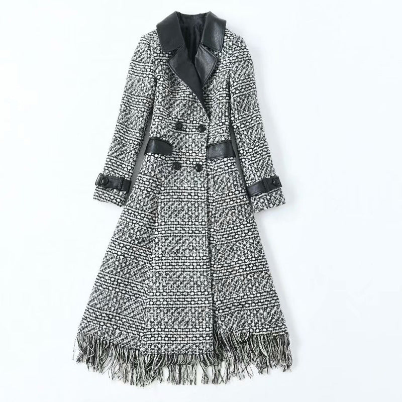 PU Leather Lapel Long Sleeve Double Breasted Waist Irregular Plaid Coat Jacket Women's New Early Autumn