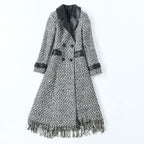 PU Leather Lapel Long Sleeve Double Breasted Waist Irregular Plaid Coat Jacket Women's New Early Autumn