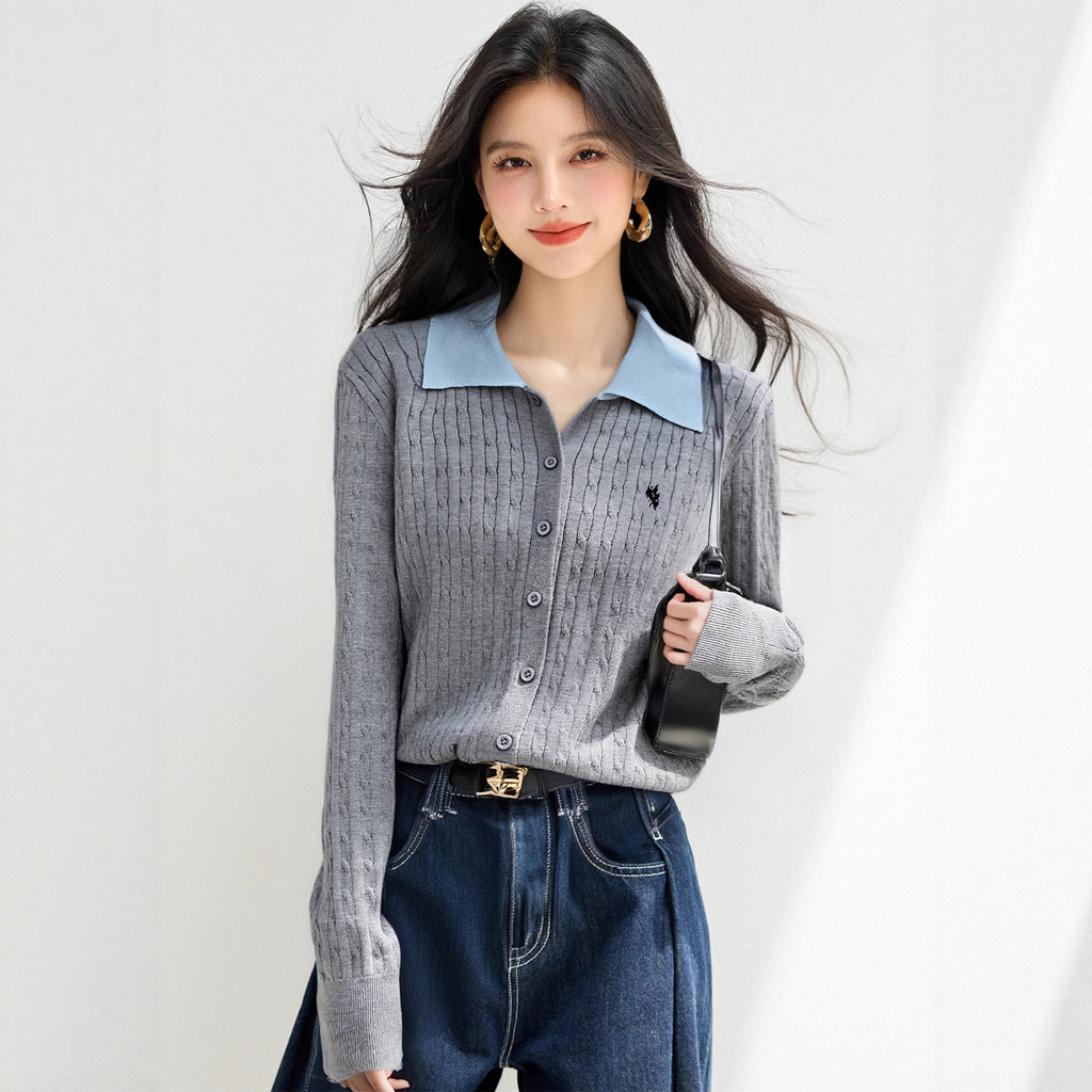 Fashionable Knit Cardigan with Polo Collar False Two-Piece StyleCable Knit Detail for Women