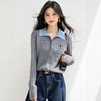 Fashionable Knit Cardigan with Polo Collar False Two-Piece StyleCable Knit Detail for Women