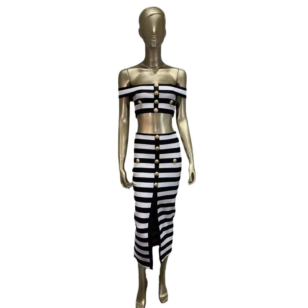 New Black and White Zebra Pattern Bandage Skirt Set European and American Fashion Off Shoulder Short Top Long Skirt Two Piece Set