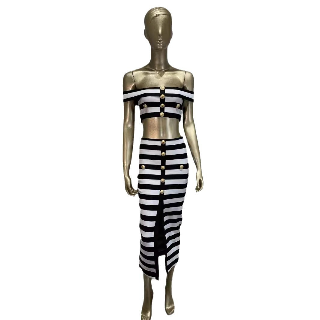 New Black and White Zebra Pattern Bandage Skirt Set European and American Fashion Off Shoulder Short Top Long Skirt Two Piece Set