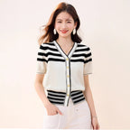 Chic Stripe Women's Long Sleeve V-Neck Buttoned Knit Cardigan Casual Style