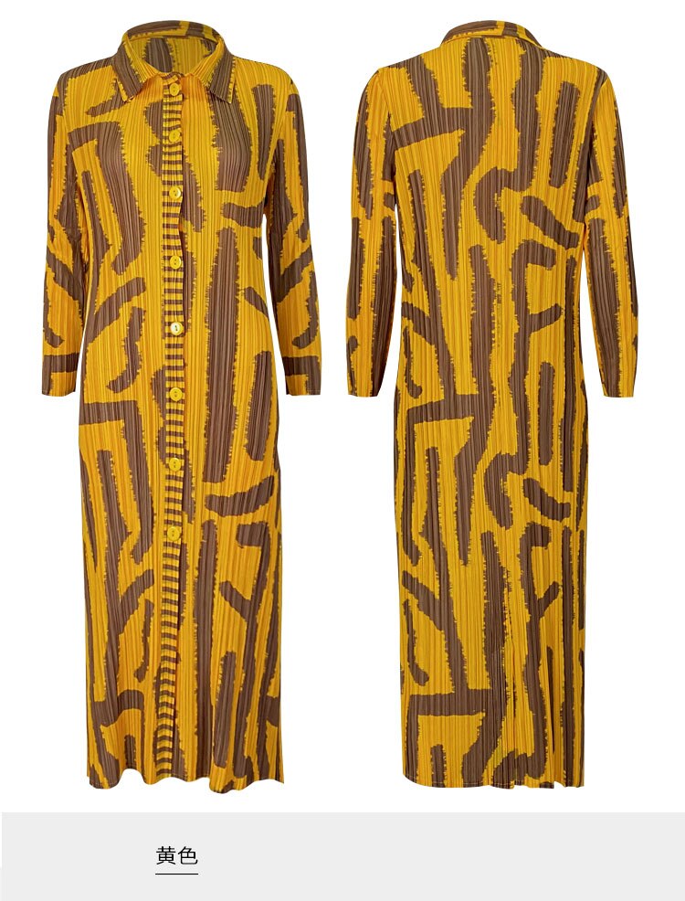 Pleated Women Vintage Printed Dress Turn-down Collar Button Cardigan Single Breasted Coats Designer Aesthetic Long Dress