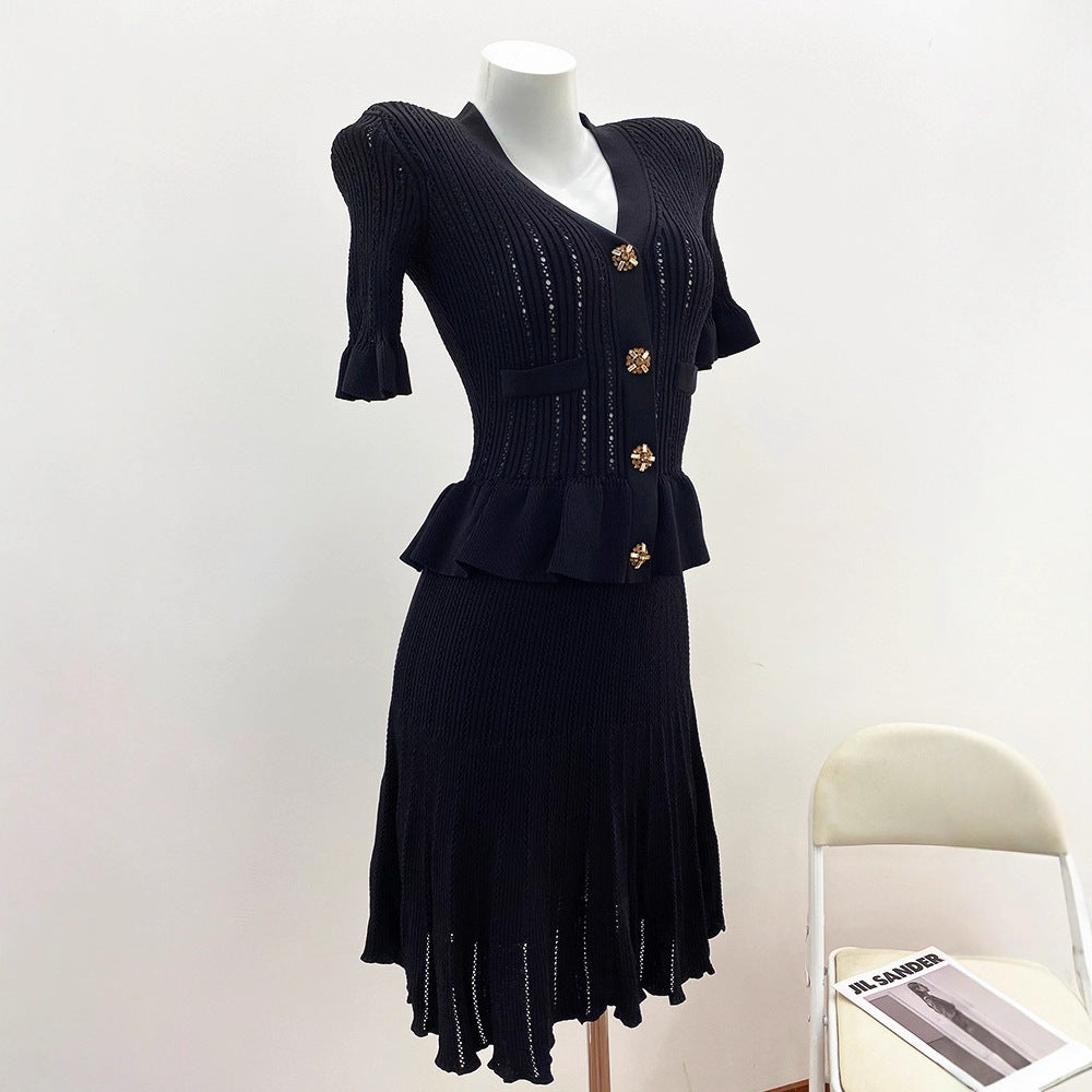 Chic Knit Dress for Women with Hollow Lace-Up Ruffle Two-Piece Design Classic Black Elegant Style