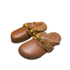 Round Wrap Toe Rivet Slippers Women Genuine Leather Warm Fur Mules Shoes Outdoor  Winter Luxury Street Trend Slippers Woman