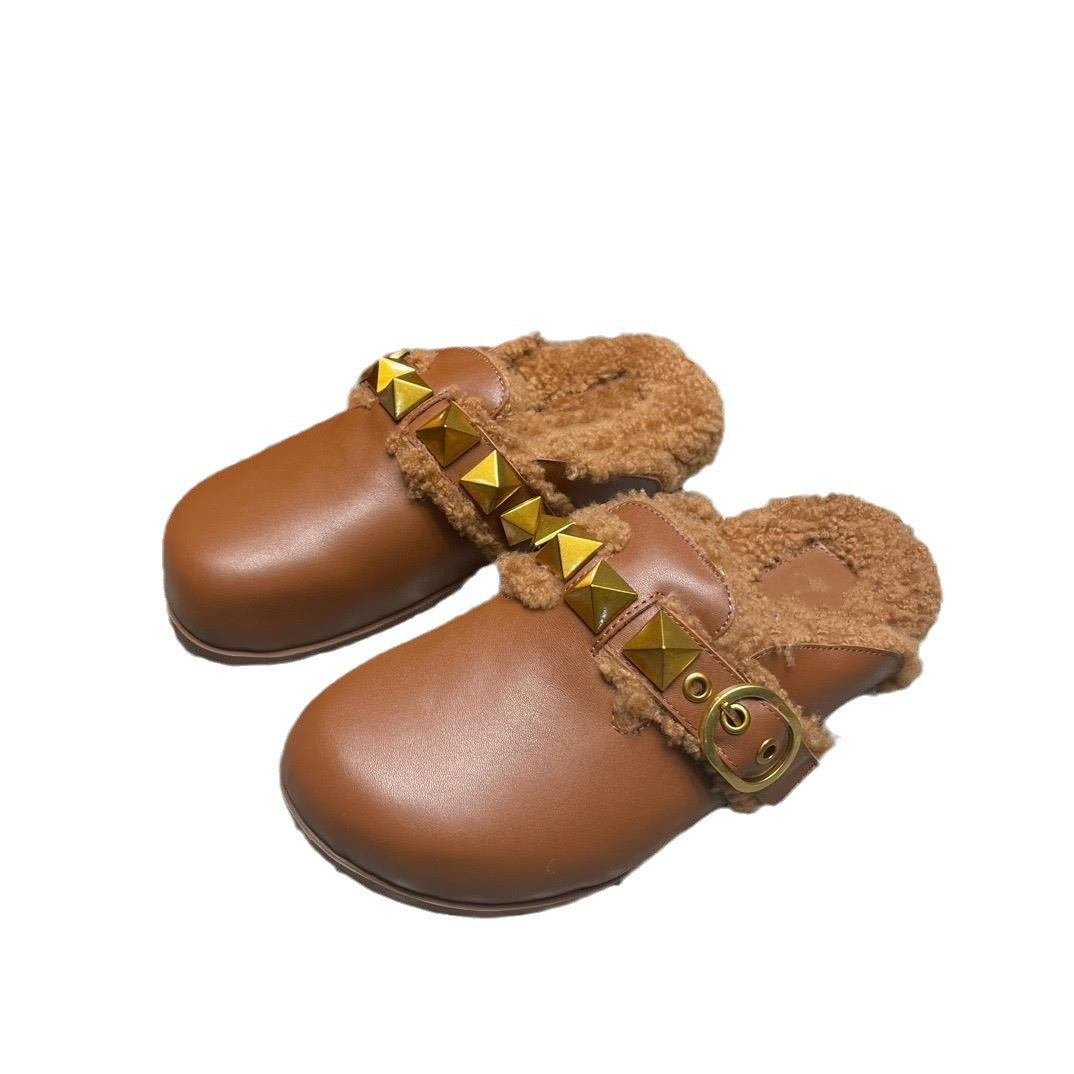 Round Wrap Toe Rivet Slippers Women Genuine Leather Warm Fur Mules Shoes Outdoor  Winter Luxury Street Trend Slippers Woman