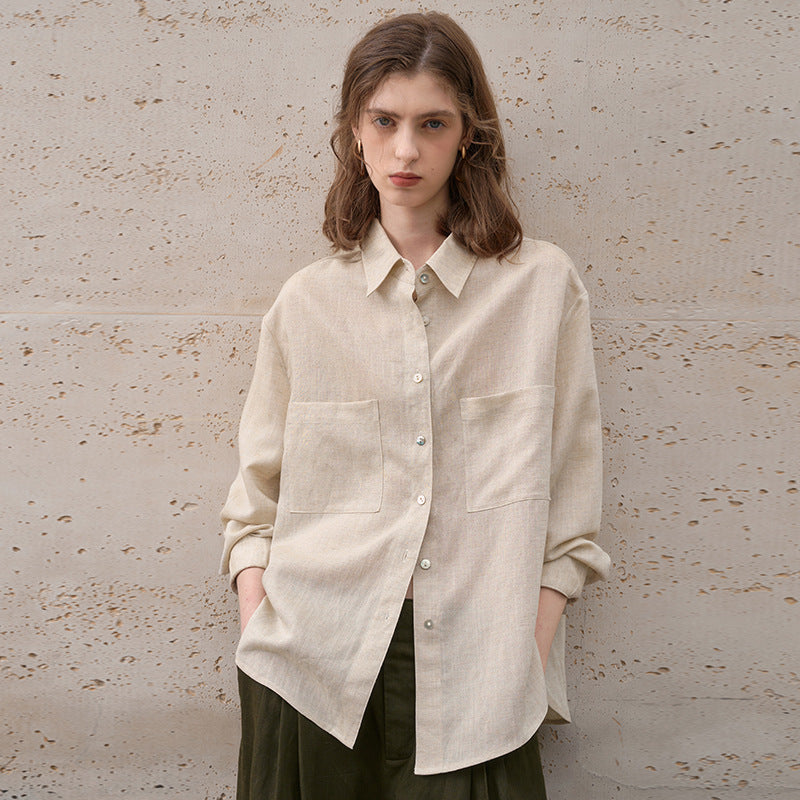 Vintage Style Linen Tencel Sunscreen Shirt Loose Casual Cotton Linen Blouse Open Cardigan Women's Top Notched Collar Long Sleeve Blouse