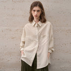 Vintage Style Linen Tencel Sunscreen Shirt Loose Casual Cotton Linen Blouse Open Cardigan Women's Top Notched Collar Long Sleeve Blouse