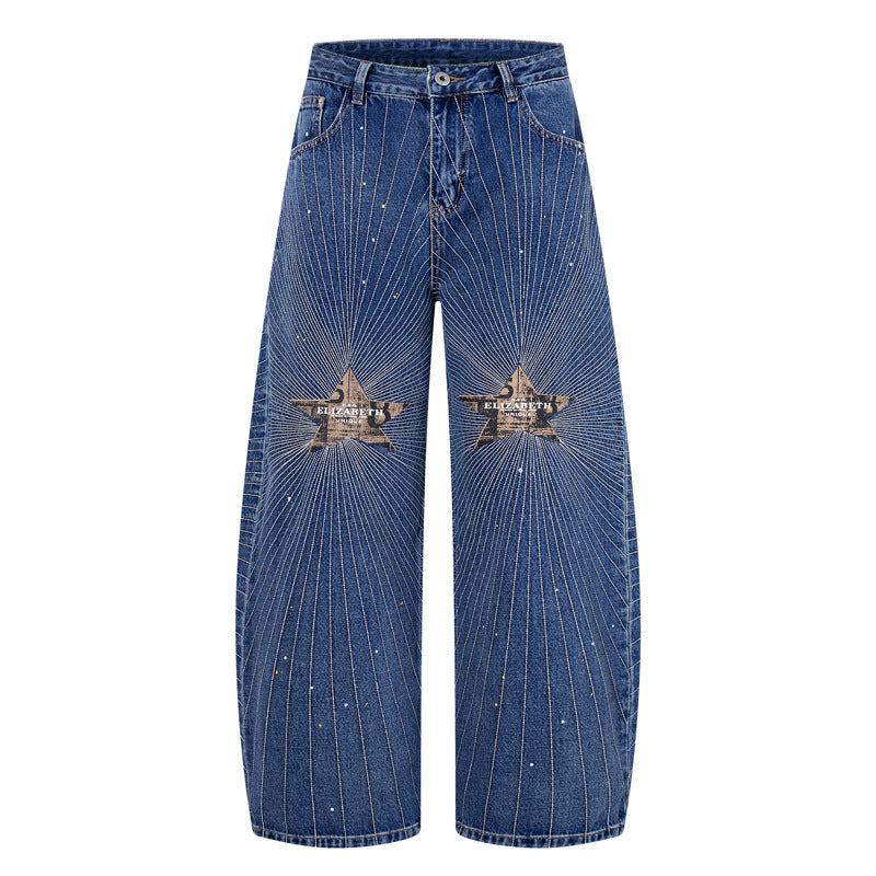 Distressed Patchwork Ray Star Rhinestone Jeans