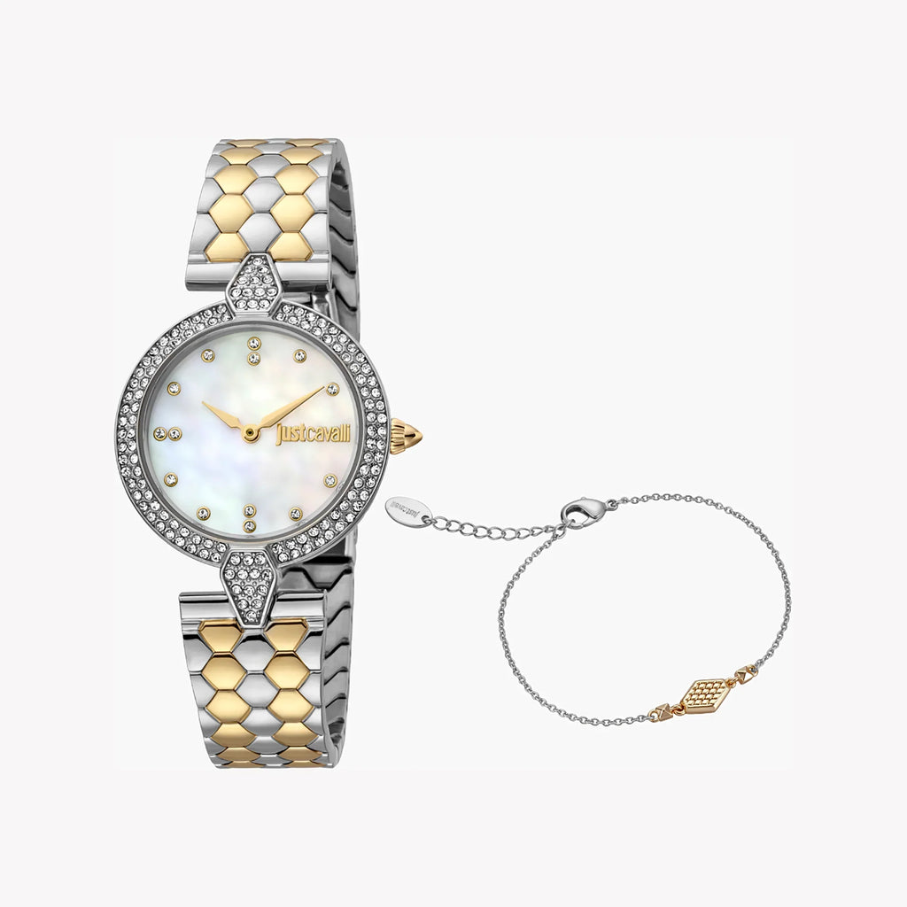 Just Cavalli Women's Silver & Gold Watch, White Dial | Jc1l159m0085