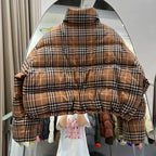 Loose  Retro Checkered Short Cotton Coat for Women, Fashionable Designer Puffer Jacket, Casual Winter Outwear