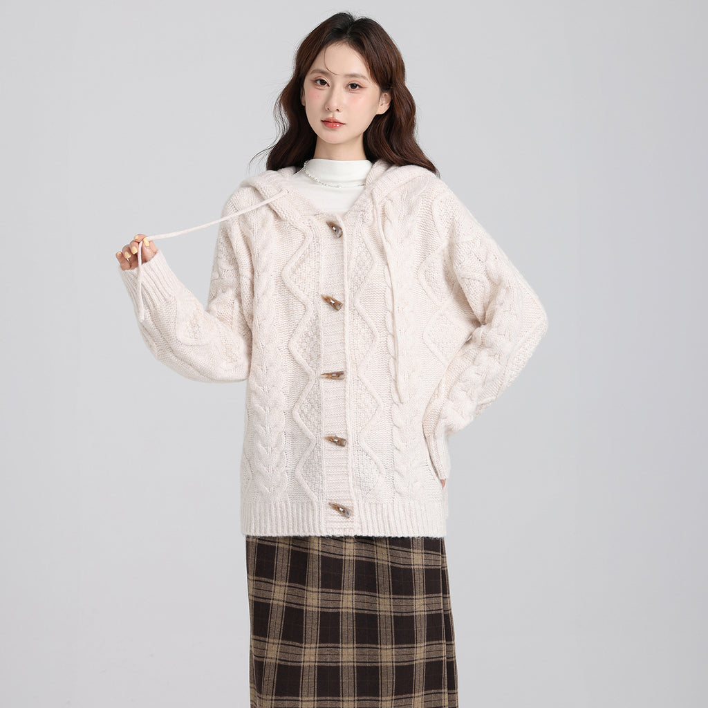 Beige Thick Knit Hooded Cardigan Sweater