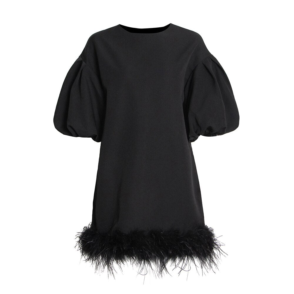 Casual Dresses For Women O Neck Lantern Sleeve High Waist Feathers Pullover Chic Style Dress Female New Summer