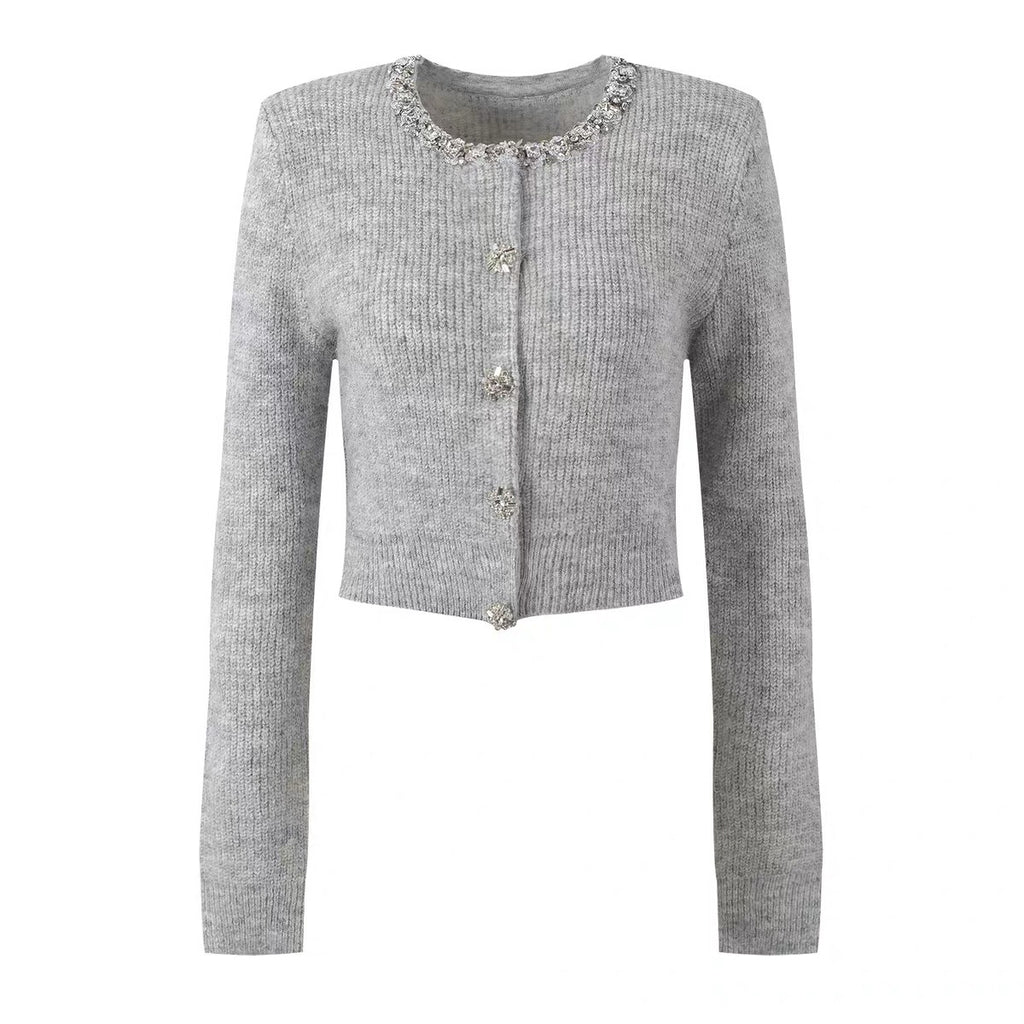 Charming Ivory White Rhinestone-Embellished Short Knit Cardigan with Round Neck Long Sleeve Sweater Top