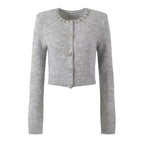 Charming Ivory White Rhinestone-Embellished Short Knit Cardigan with Round Neck Long Sleeve Sweater Top