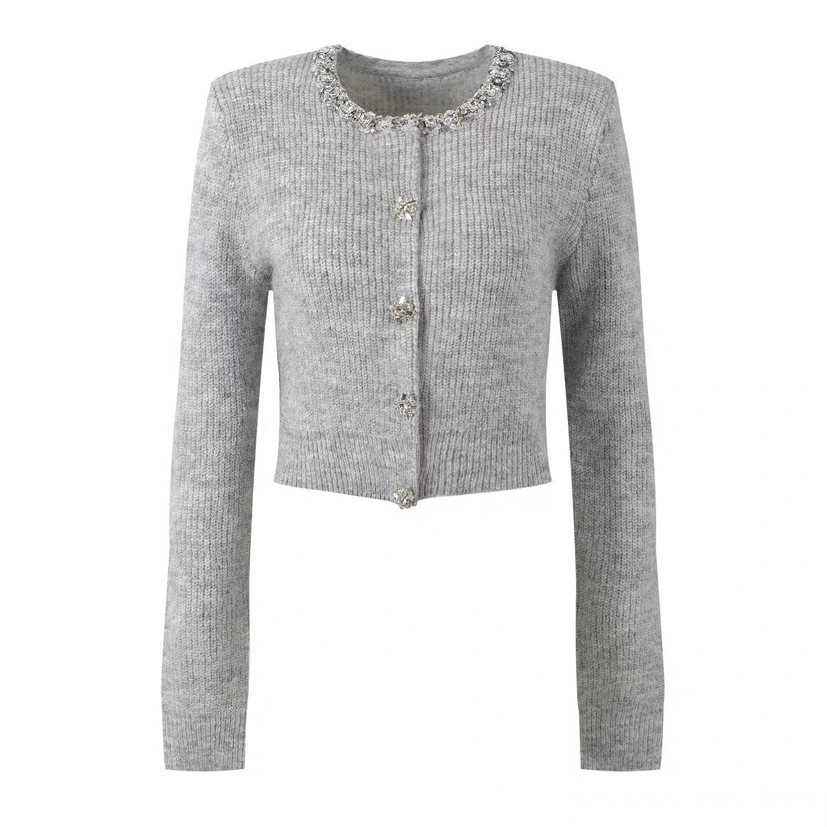 Charming Ivory White Rhinestone-Embellished Short Knit Cardigan with Round Neck Long Sleeve Sweater Top