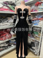 Women's Fashion Rhinestone Strapless Side Slit Party Long Dress Elegant Fitted
