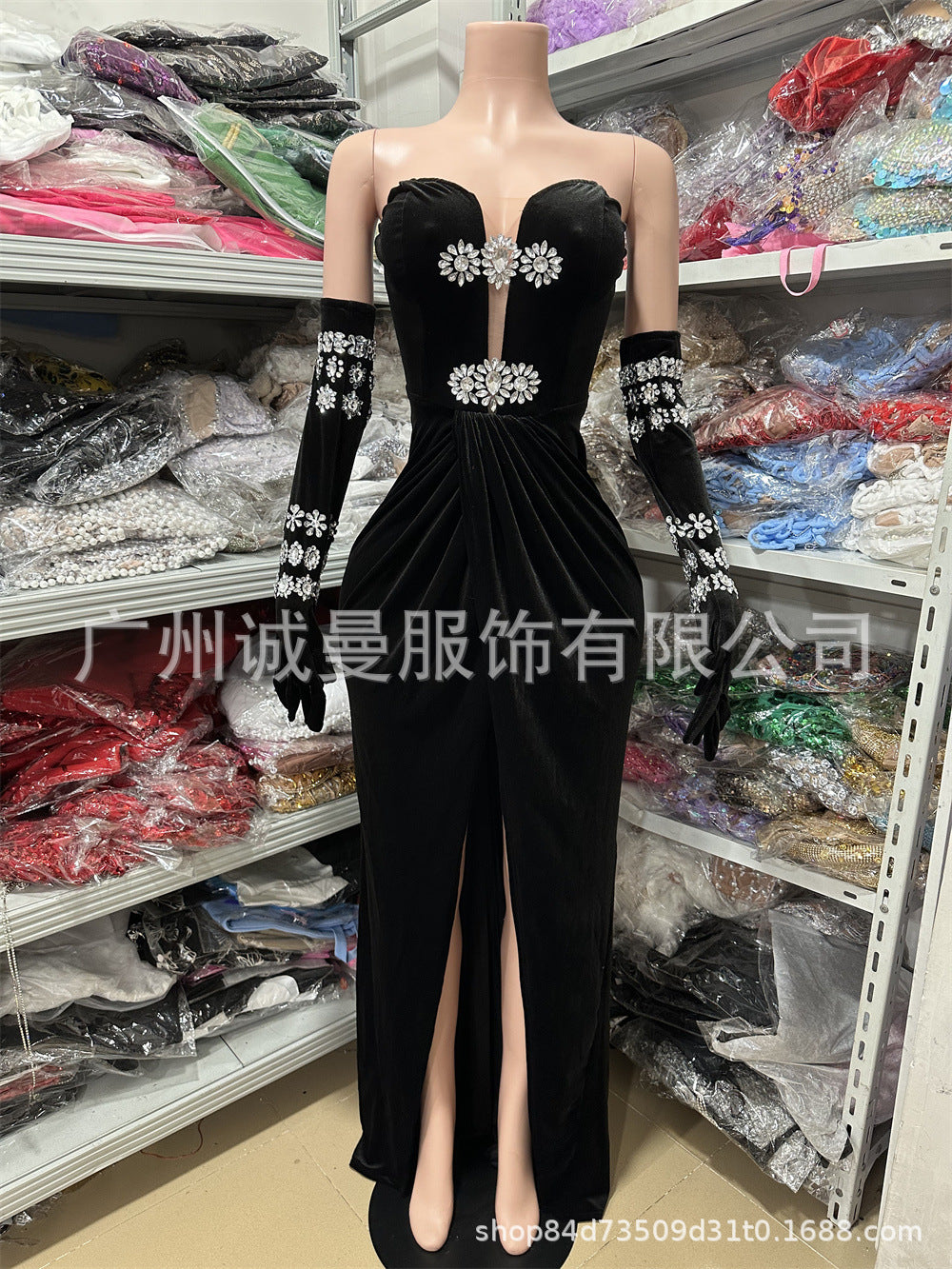 Women's Fashion Rhinestone Strapless Side Slit Party Long Dress Elegant Fitted