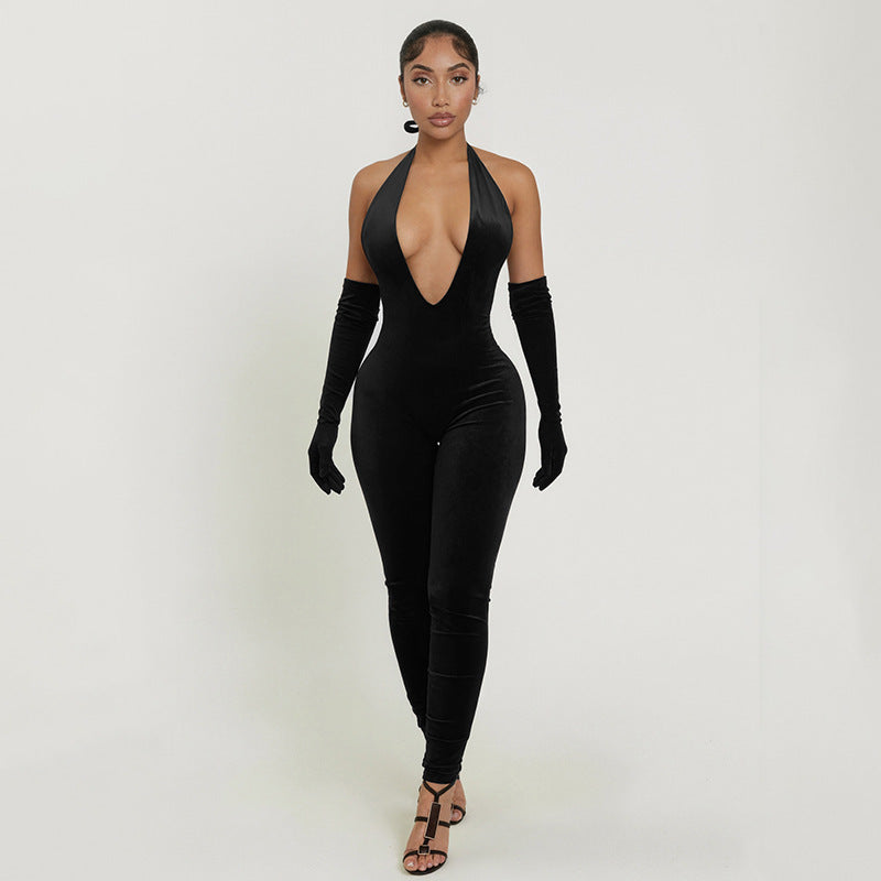 Sexy Solid Color Elegant Halter Neck Fitted Deep V-Neck Backless Jumpsuit for Women