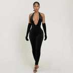 Sexy Solid Color Elegant Halter Neck Fitted Deep V-Neck Backless Jumpsuit for Women