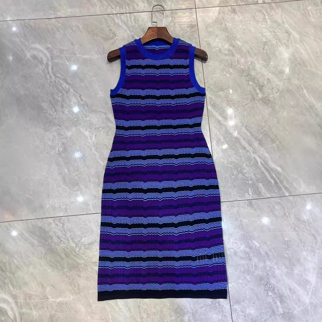 New sleeveless striped niche design commuting waist cinching jacquard knitted dress