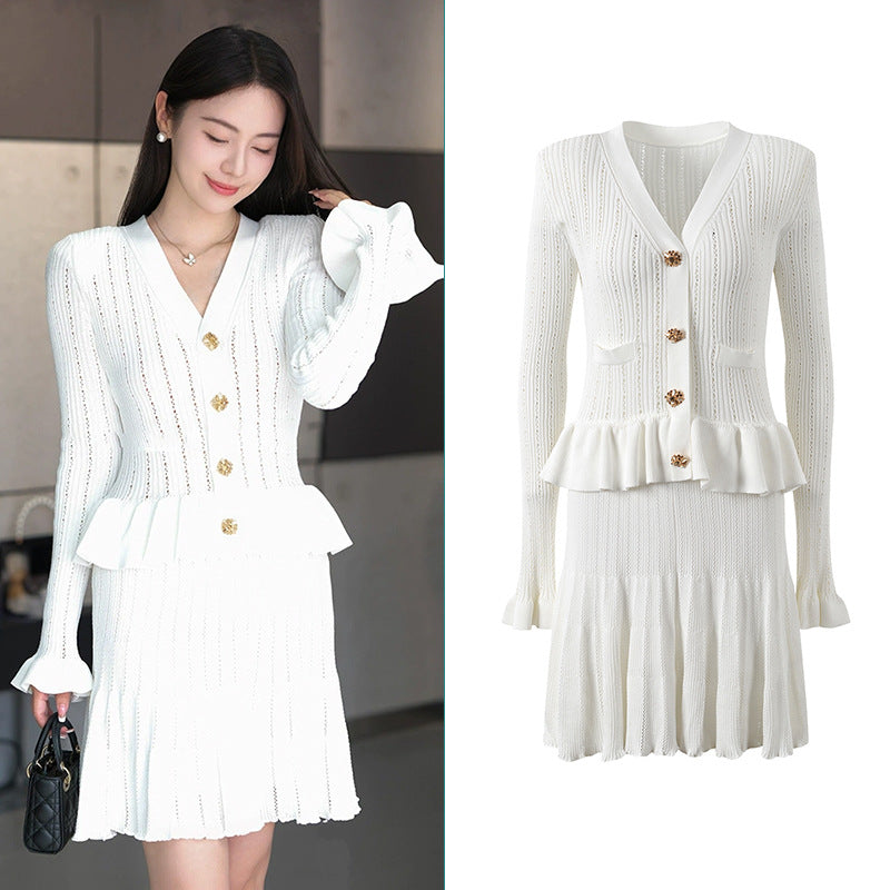 French socialite design with ruffle edge patchwork long sleeved dress for women slim fit and slimming short skirt