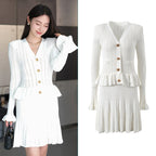 French socialite design with ruffle edge patchwork long sleeved dress for women slim fit and slimming short skirt
