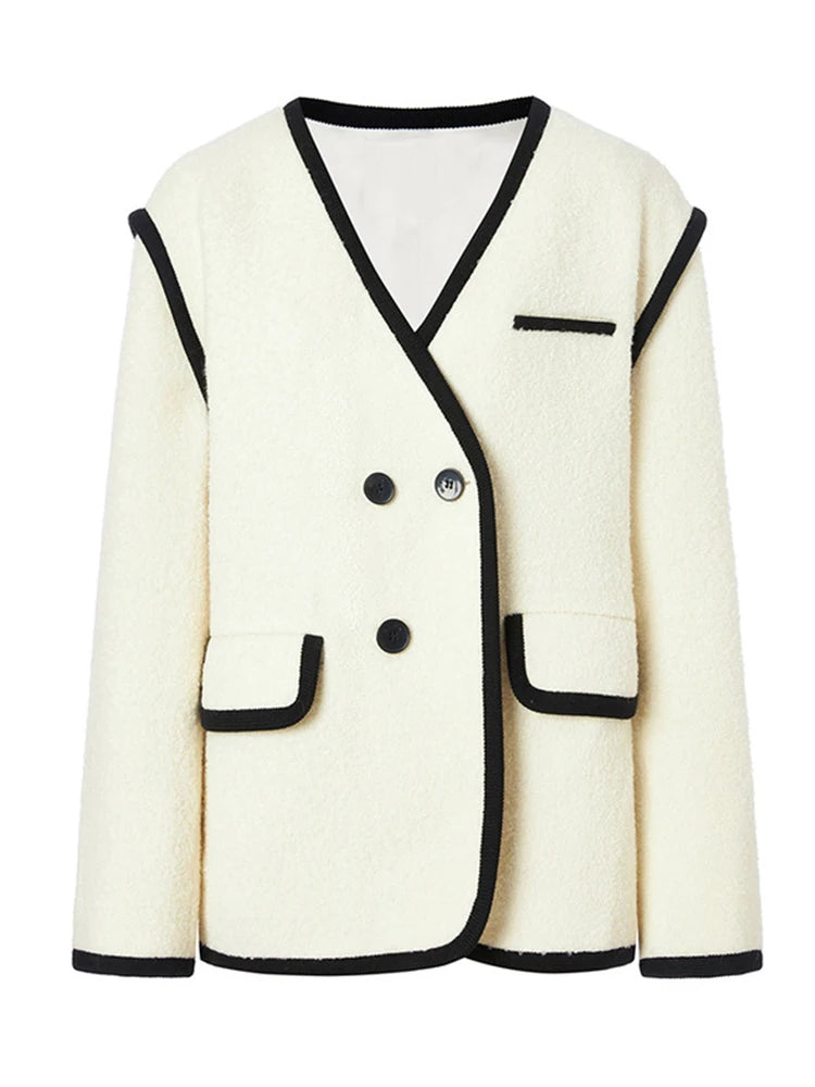 Vintage Coats For Women V Neck Long Sleeve Patchwork Single Breasted Casual Coat Female Fashion Clothing