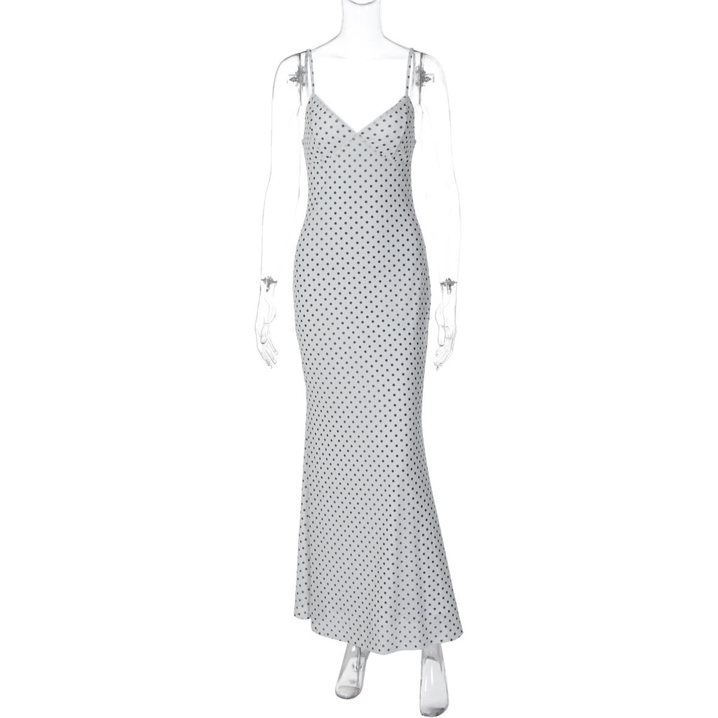 Summer Long Dress, Strapless V-Neck Backless Polka Dot Fashion Elegant Vacation Bodycon Slim Fit Dress