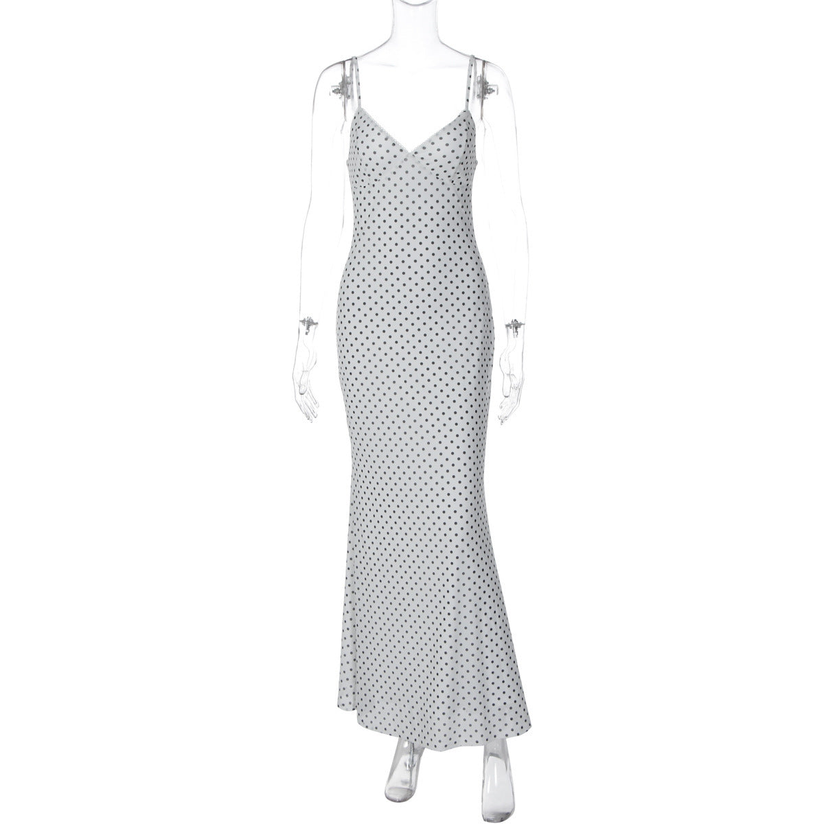 Summer Long Dress, Strapless V-Neck Backless Polka Dot Fashion Elegant Vacation Bodycon Slim Fit Dress